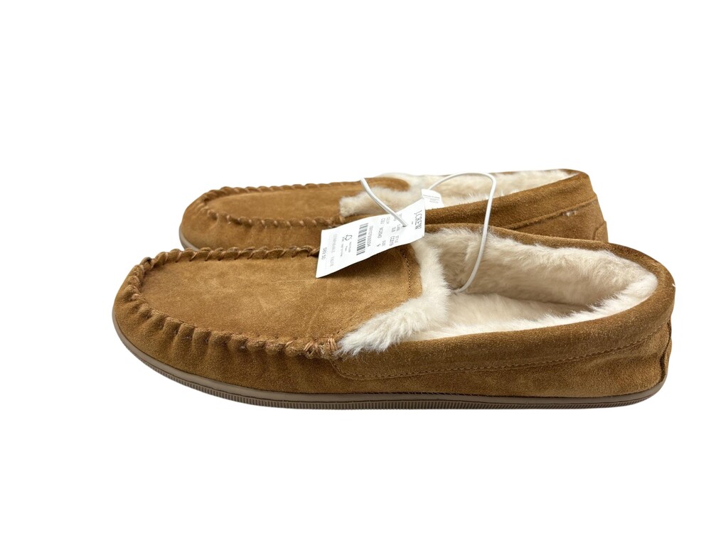 J.Crew Slippers Mens Size 9 Brown Faux Suede Fleece Lined Moccasin House Shoes
